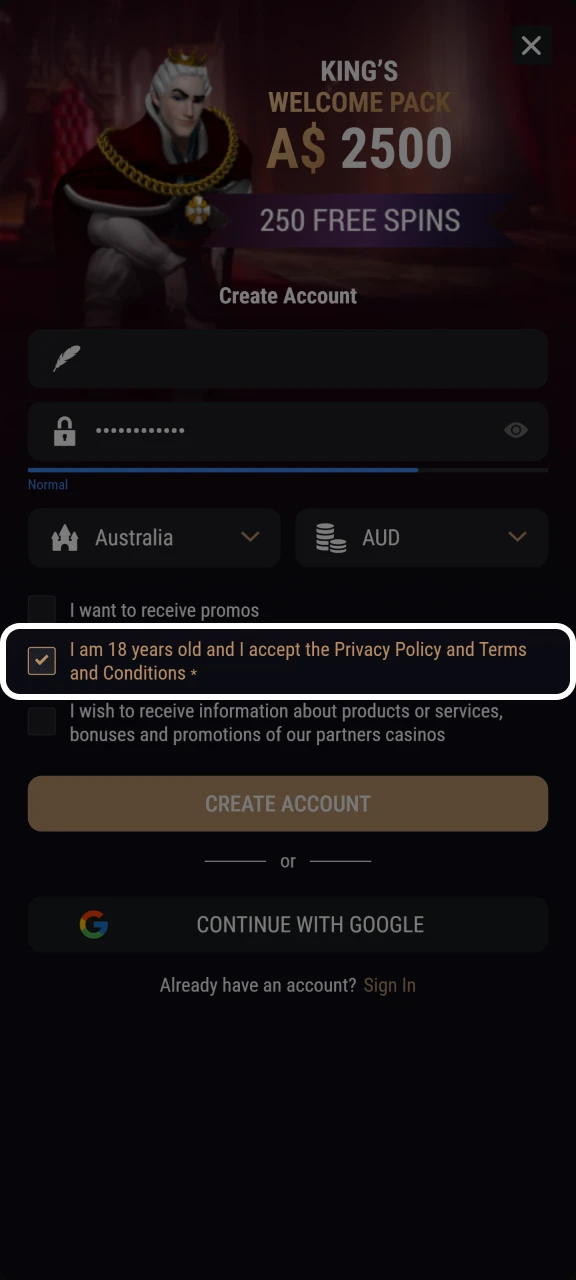 Agree to the terms and conditions of the King Billy website.