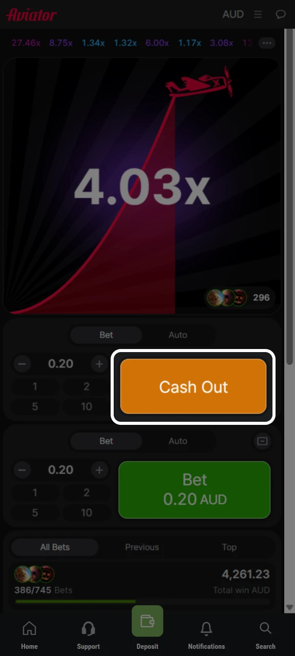 Cash out your winnings from the Aviator game at King Billy.