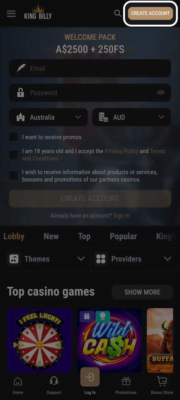 Click the Create Account button to register at King Billy.