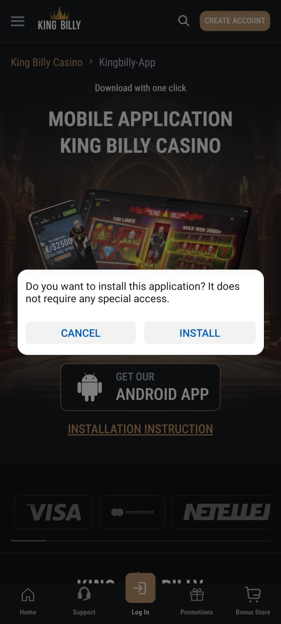 Install the King Billy app to play Aviator.