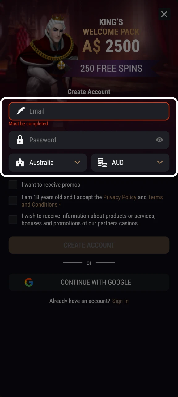 Enter your email address and password to create a King Billy account.