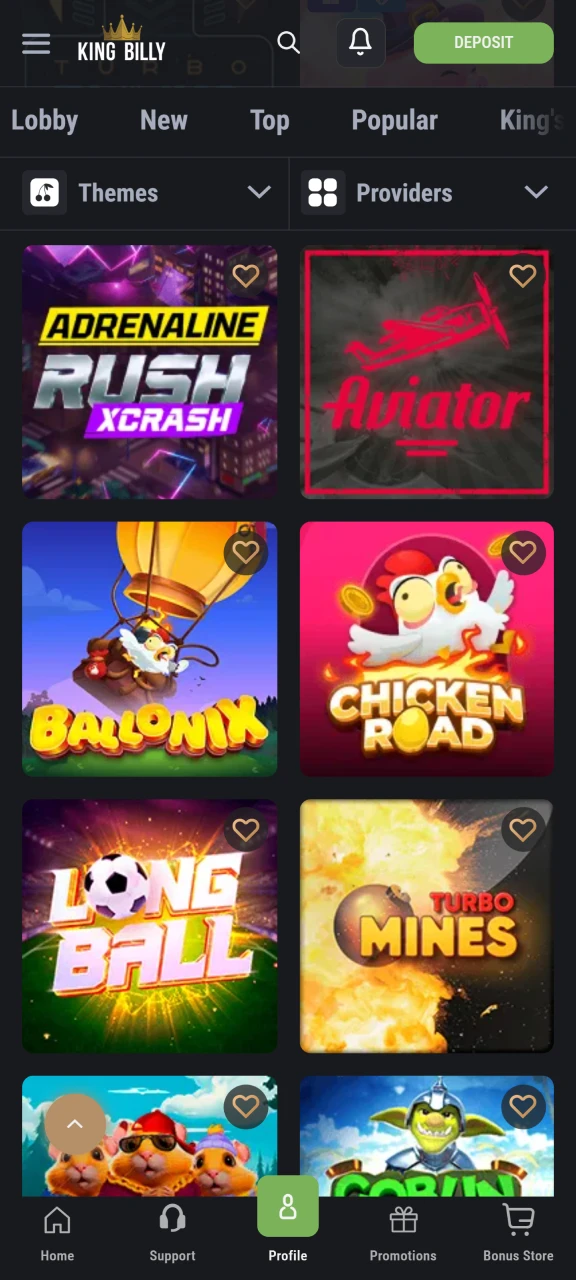 Find the Aviator game in the King Billy casino section.