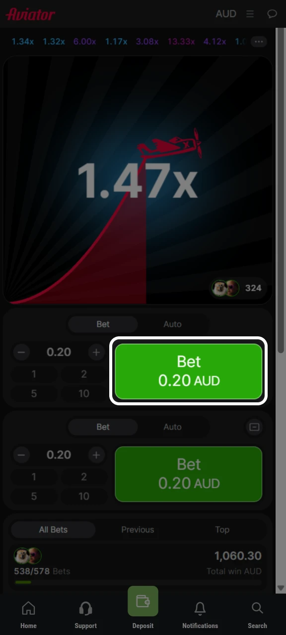 Place a bet in the Aviator game at King Billy casino.