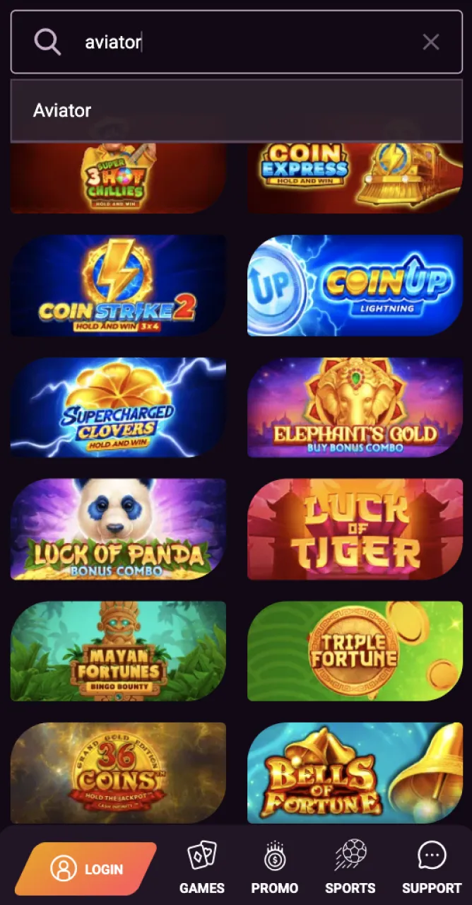 Use the search bar and find the Aviator plane game on the platform.