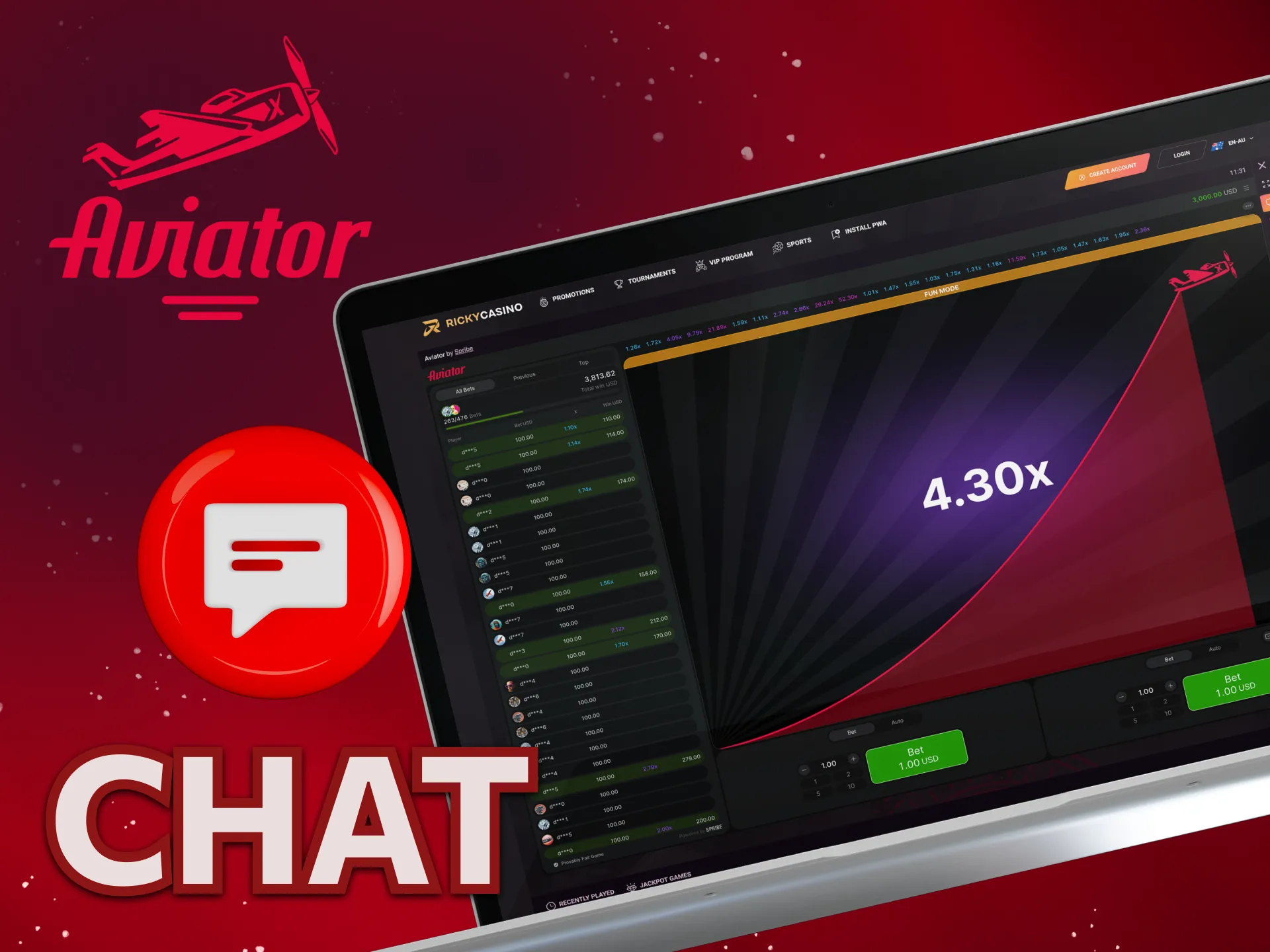 The Aviator betting game has a chat where you can communicate with other players.