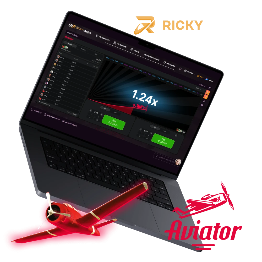 Find the Aviator game on the official Ricky Casino platform and start playing.