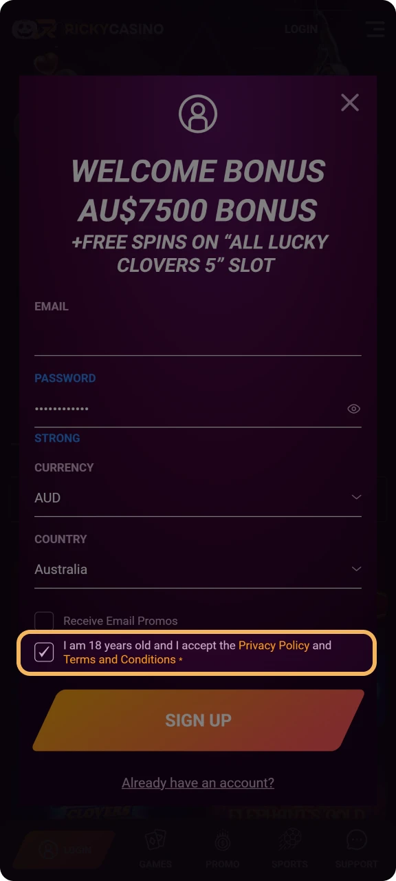 To complete your registration at Ricky Casino, you have to accept the platform's terms and conditions.