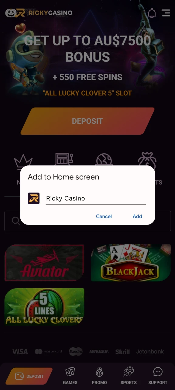 Add the Ricky Casino shortcut to your home screen.