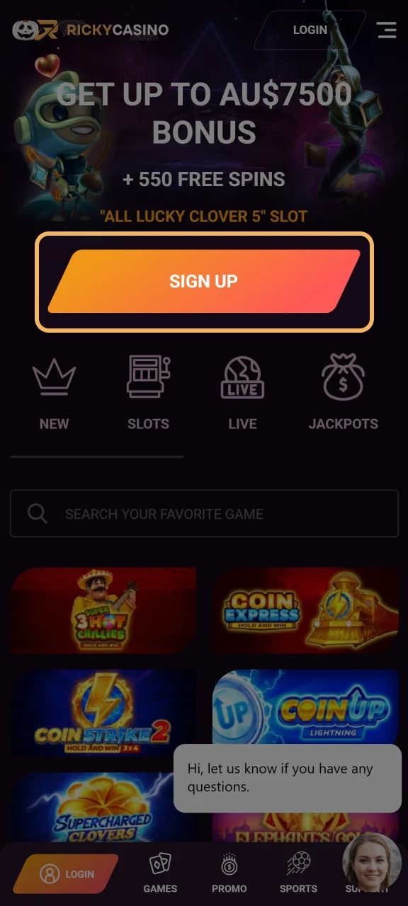 Click Sign Up to create a Ricky Casino account.