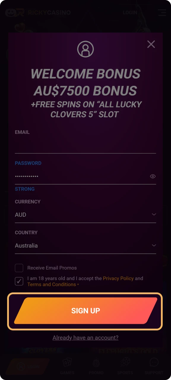 Finish the registration process on the Ricky Casino website.