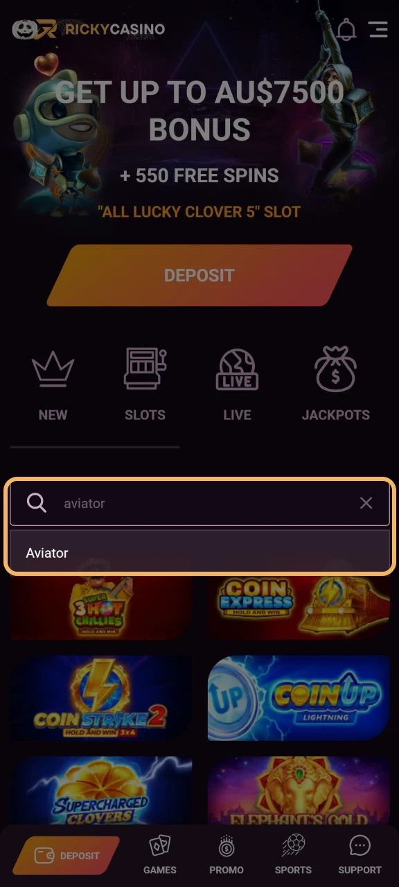 Search for Aviator in the Ricky Casino crash games section.