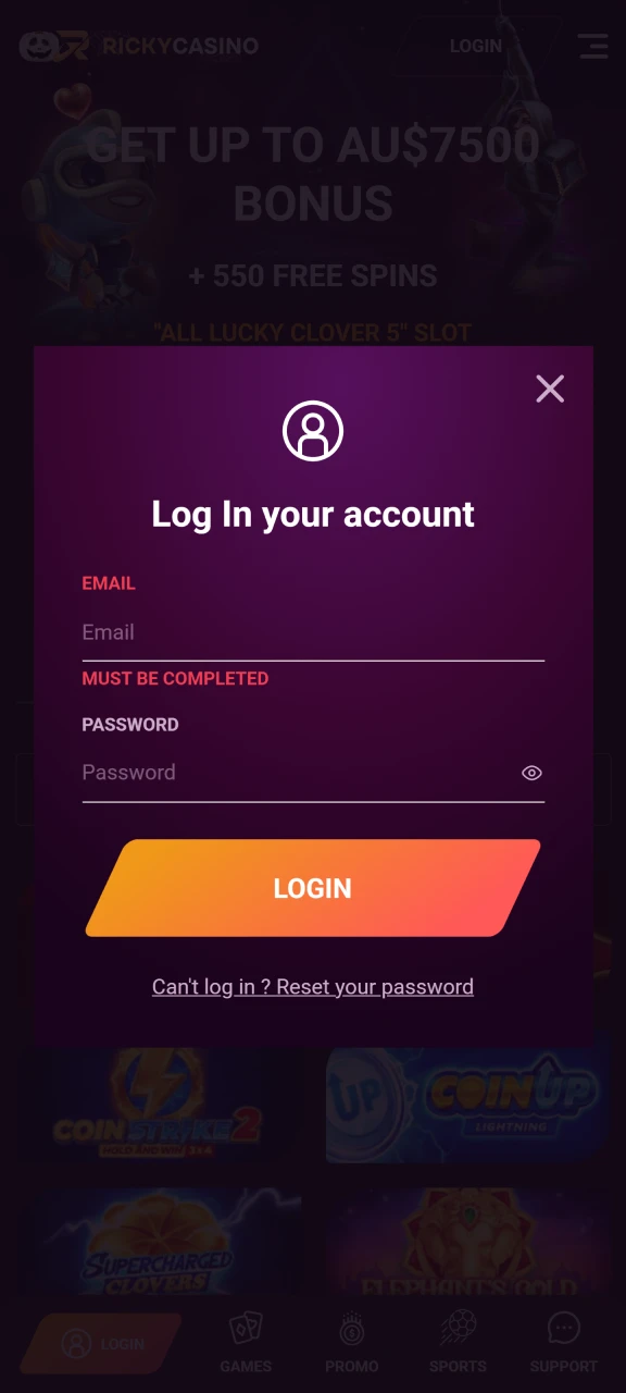 Enter into your Ricky Casino account.