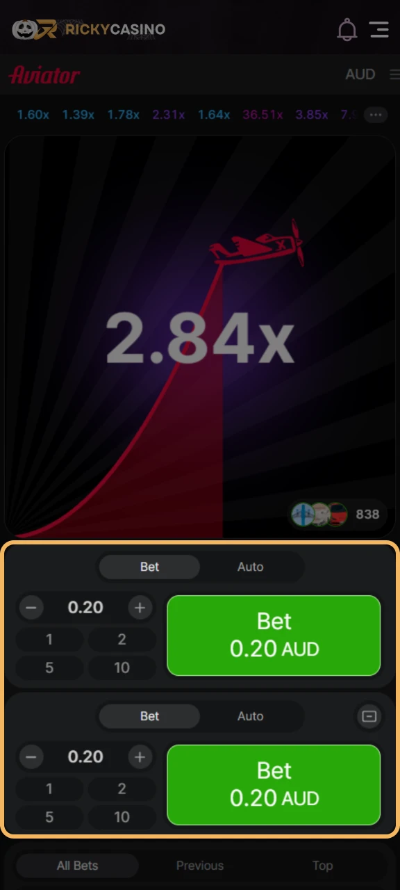 Place your bet in the Aviator game at Ricky Casino.