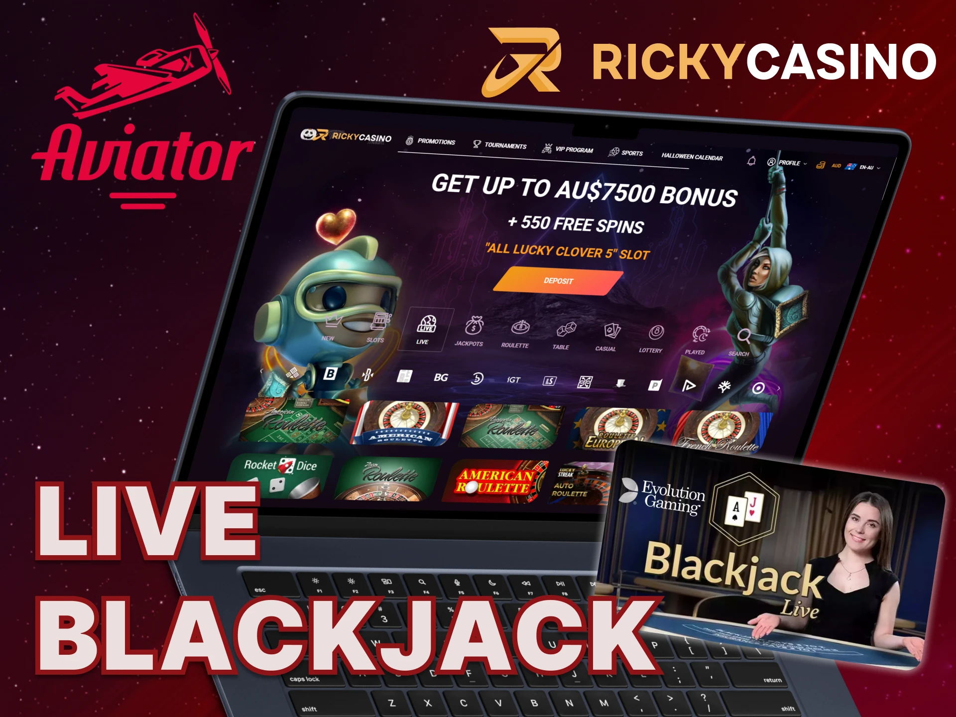 Play Live Blackjack on the Ricky Casino website.
