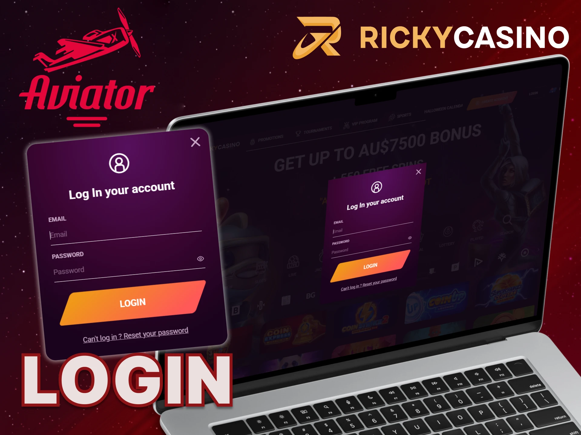 Log in to your Ricky Casino account to play the Aviator game.