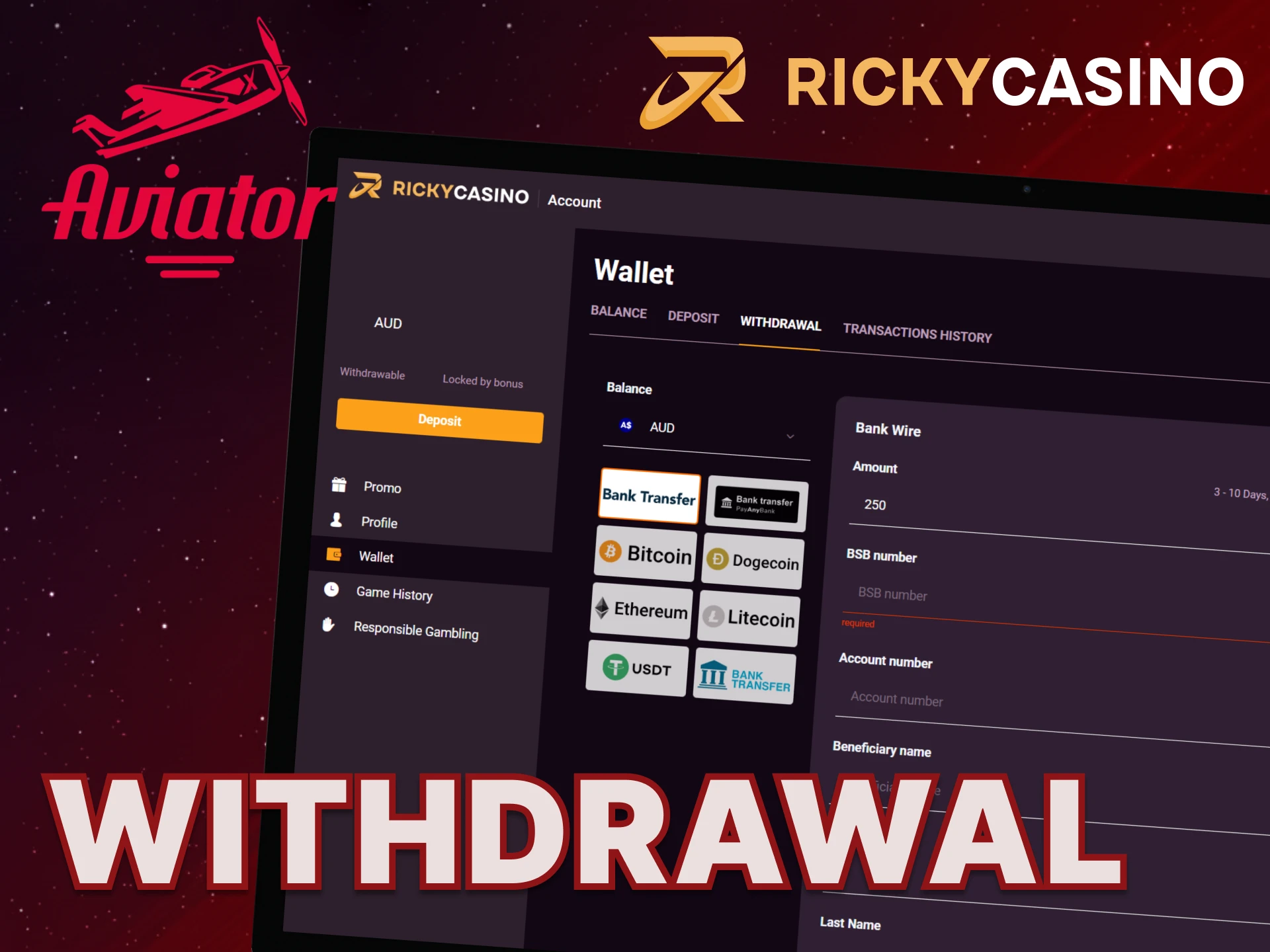 Enter the amount and withdraw your money from Ricky Casino.