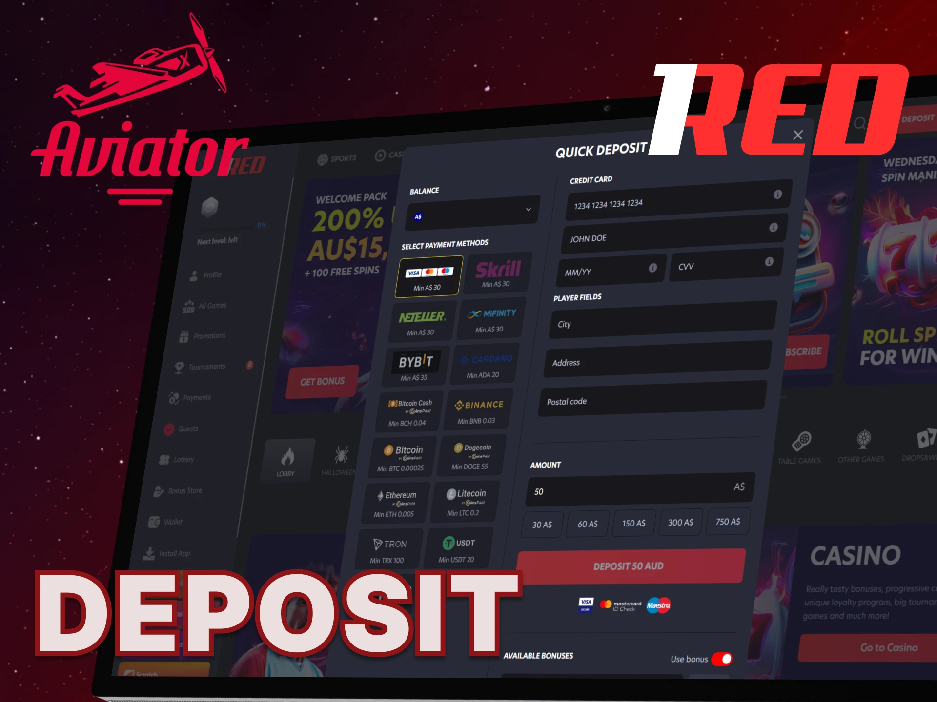Select a payment method and deposit funds into your 1Red account.