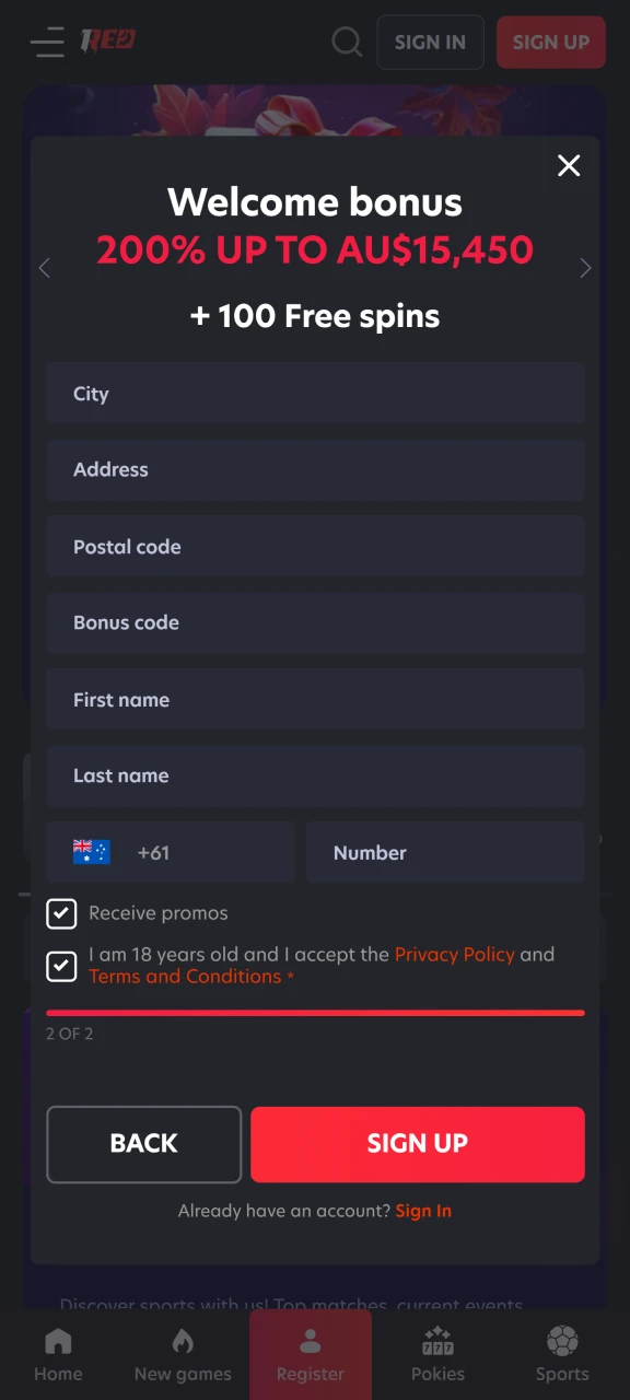 Add your address and phone number to create an account on 1Red.