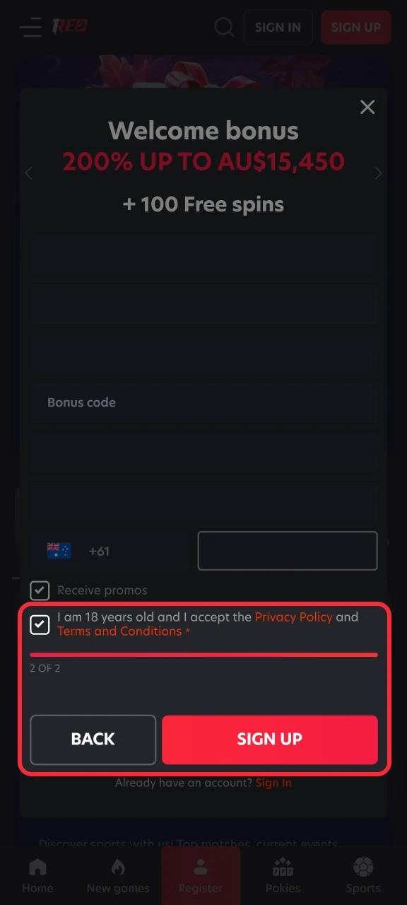 Agree to the terms and conditions of the 1Red website and complete your registration.
