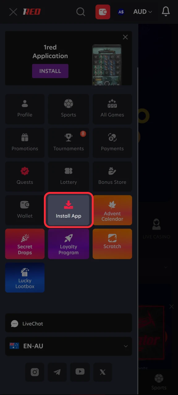 Click the Install App button to download the 1Red APK file.