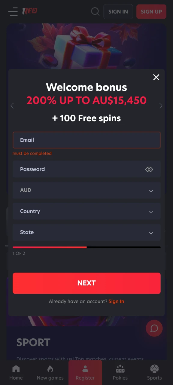 Add your email address, create a password, and select the country and currency required to continue registering with 1Red.