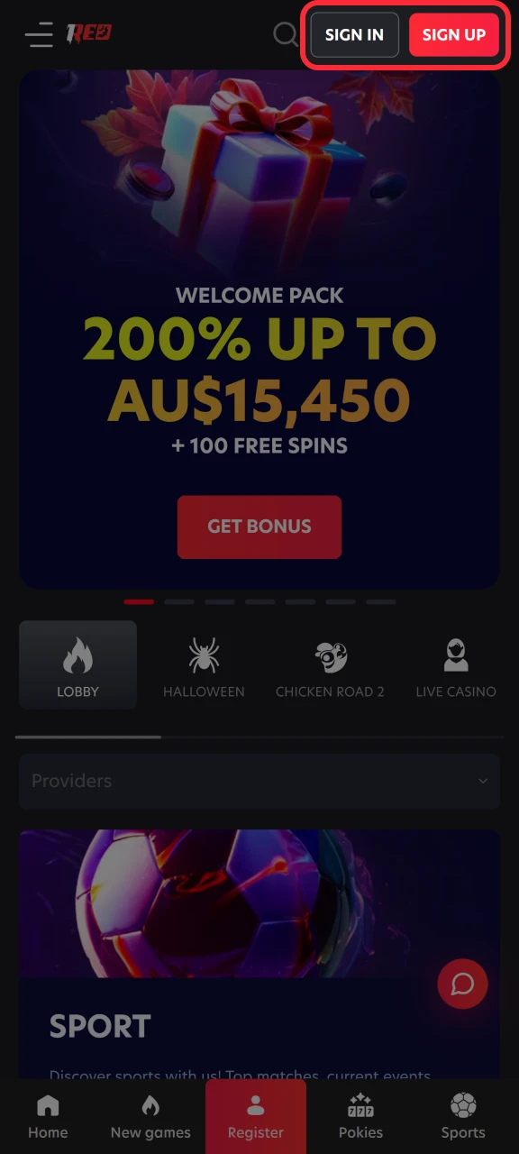 Register or log in to your 1Red account.