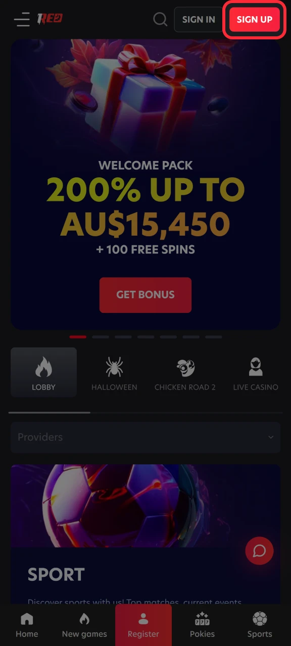 Start the registration process on the official 1Red website.