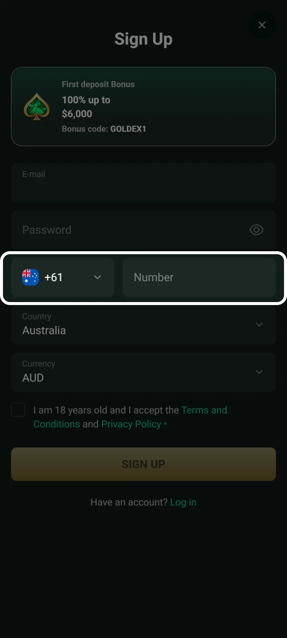 Add a valid phone number to register at Goldex Casino.