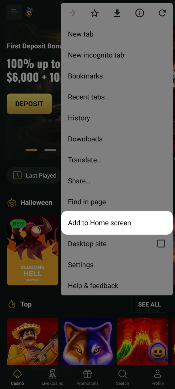 Tap Add to Home Screen to add the Goldex Casino shortcut.