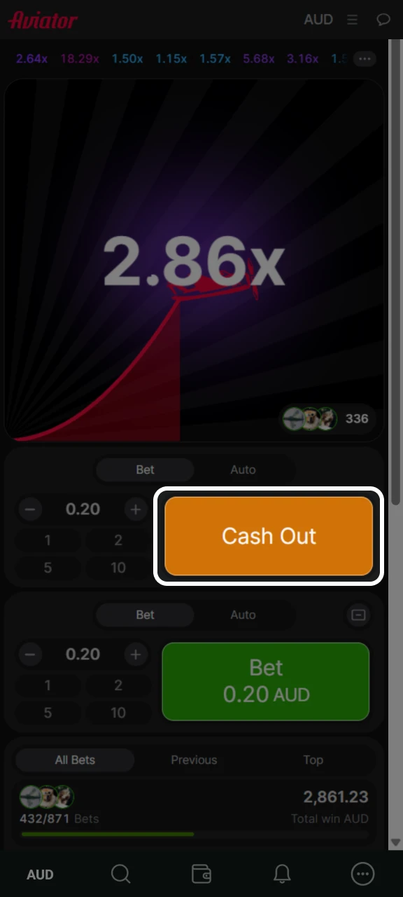 Place your bet and cash out your winnings in Aviator at Goldex Casino.