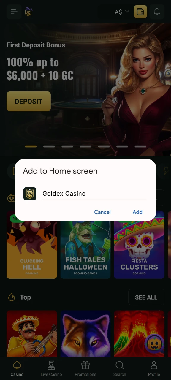 Add Goldex Casino to your device's home screen.