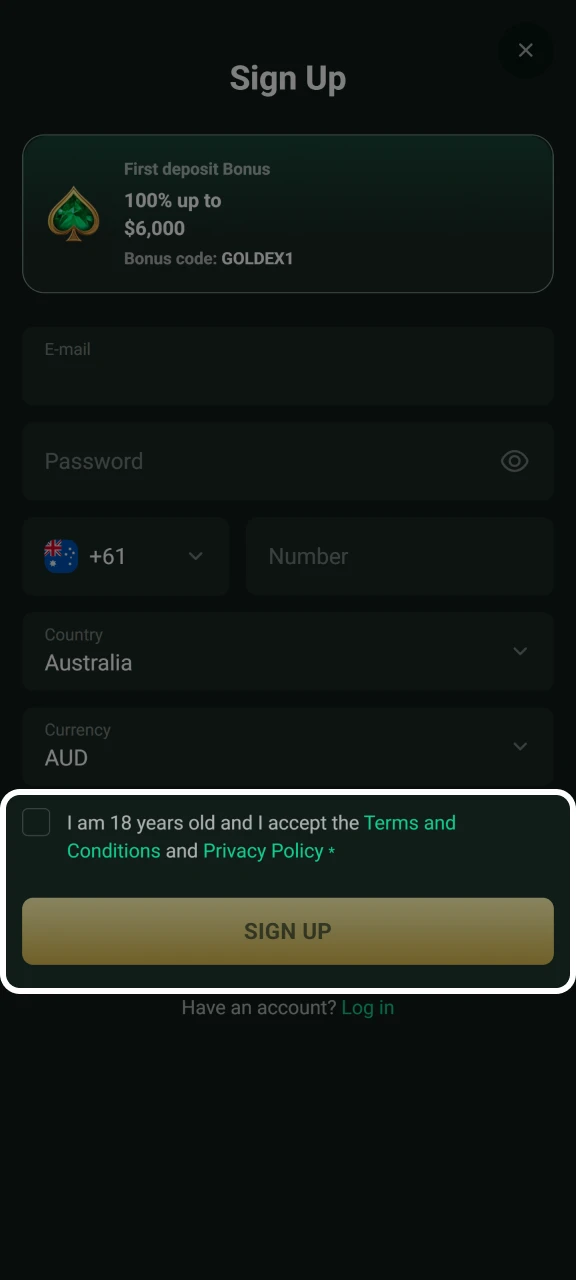 Accept the platform's terms and conditions and complete your registration at Goldex Casino.