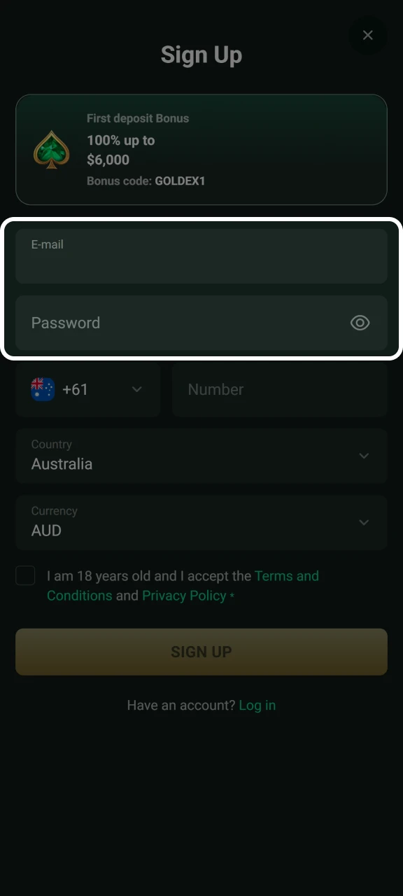 Add your real email address and think of a password to create an account at Goldex Casino.