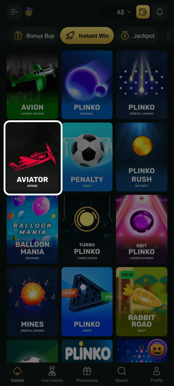 Open the Aviator game to start playing at Goldex Casino.