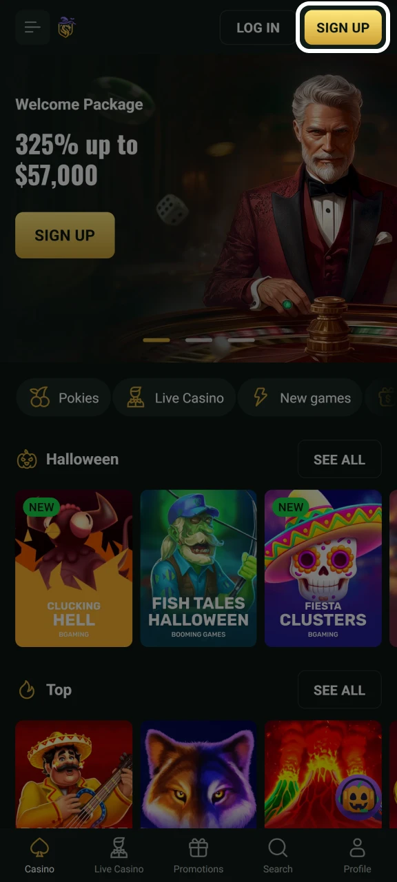 Tap on Sign Up to open the registration form at Goldex Casino.