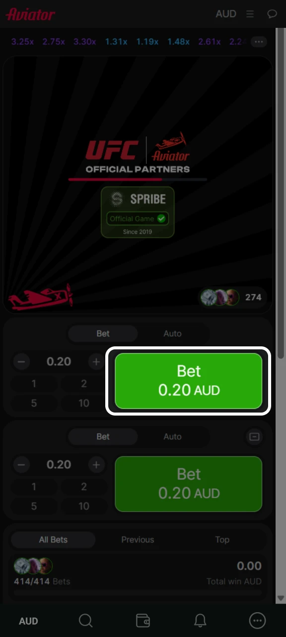 Place your bet and wait for the start of a new Aviator round at Goldex Casino.