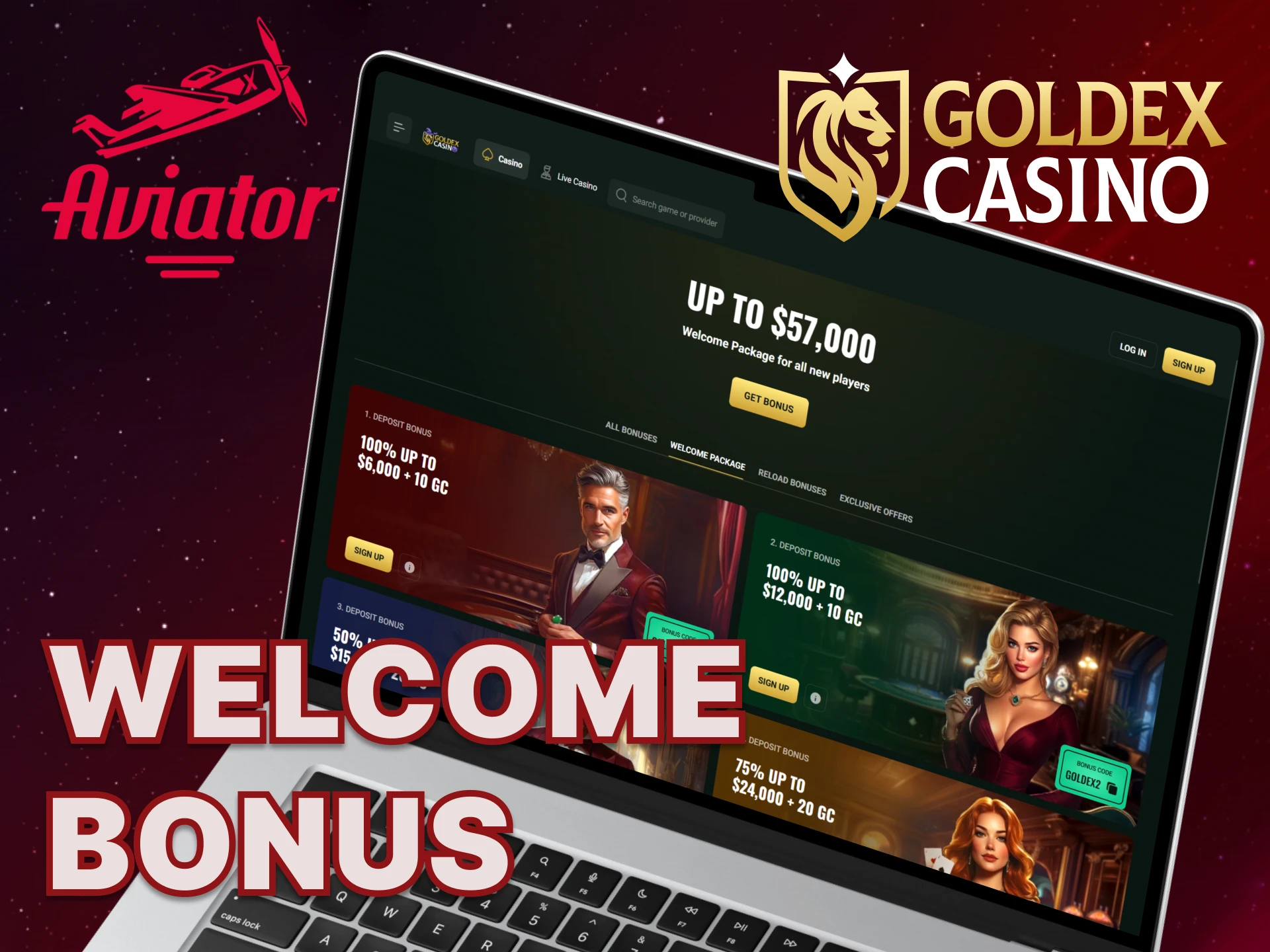 Register at Goldex Casino, make a deposit, and receive a welcome bonus.