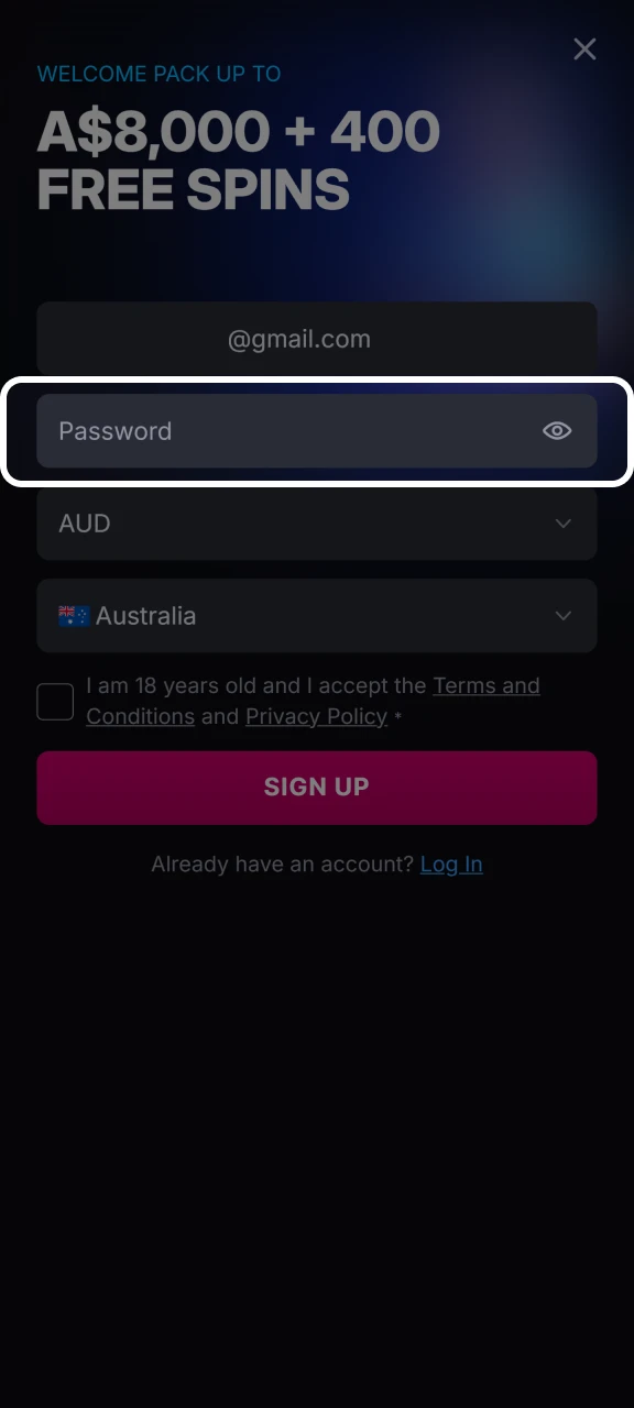 Enter the password in the special field for registration at Skycrown.