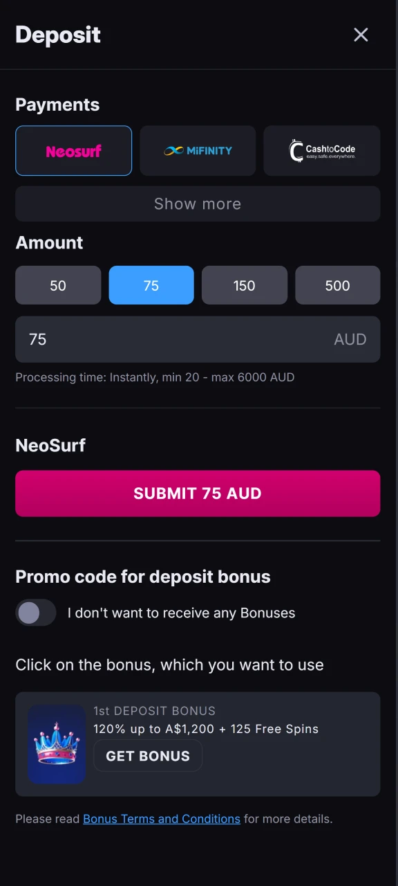 Add the amount and make a deposit at Skycrown.