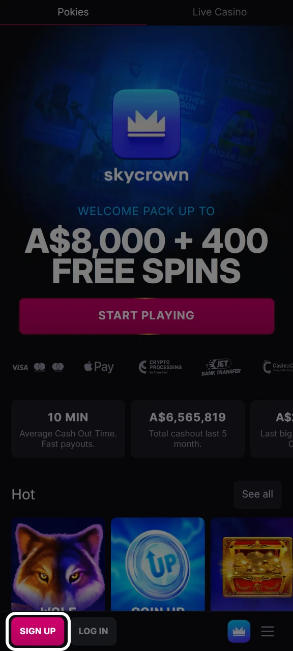 Sign up to start playing on the Skycrown website.