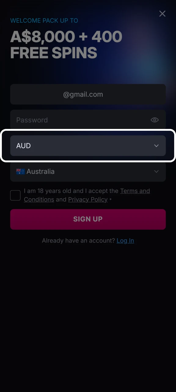 Select the currency in the Skycrown registration form.
